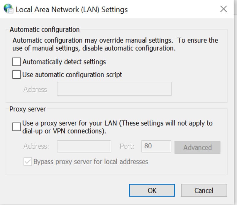 Bỏ chọn Use a proxy server và Use a proxy server for your LAN rồi lưu thay đổi